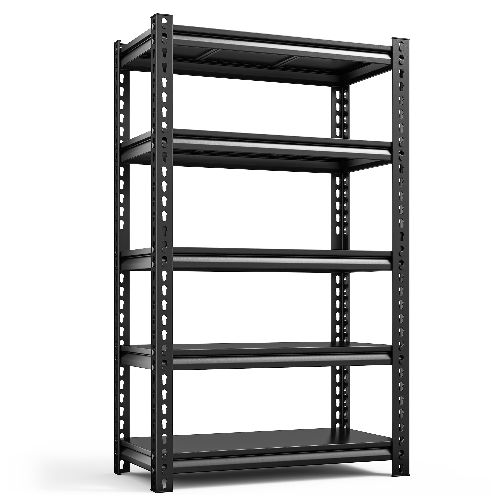REIBII Heavy Duty Storage Shelves for Garage and Kitchen, 5 Tier Adjustable Metal Shelving 2000LBS Capacity, 12" D x 27.5" W x 60" H, Black<br/>
REIBII Heavy Duty 5 Tier Adjustable Metal Shelving for Garage and Warehouse, 2000LBS Weight Capacity, 12" D x 2