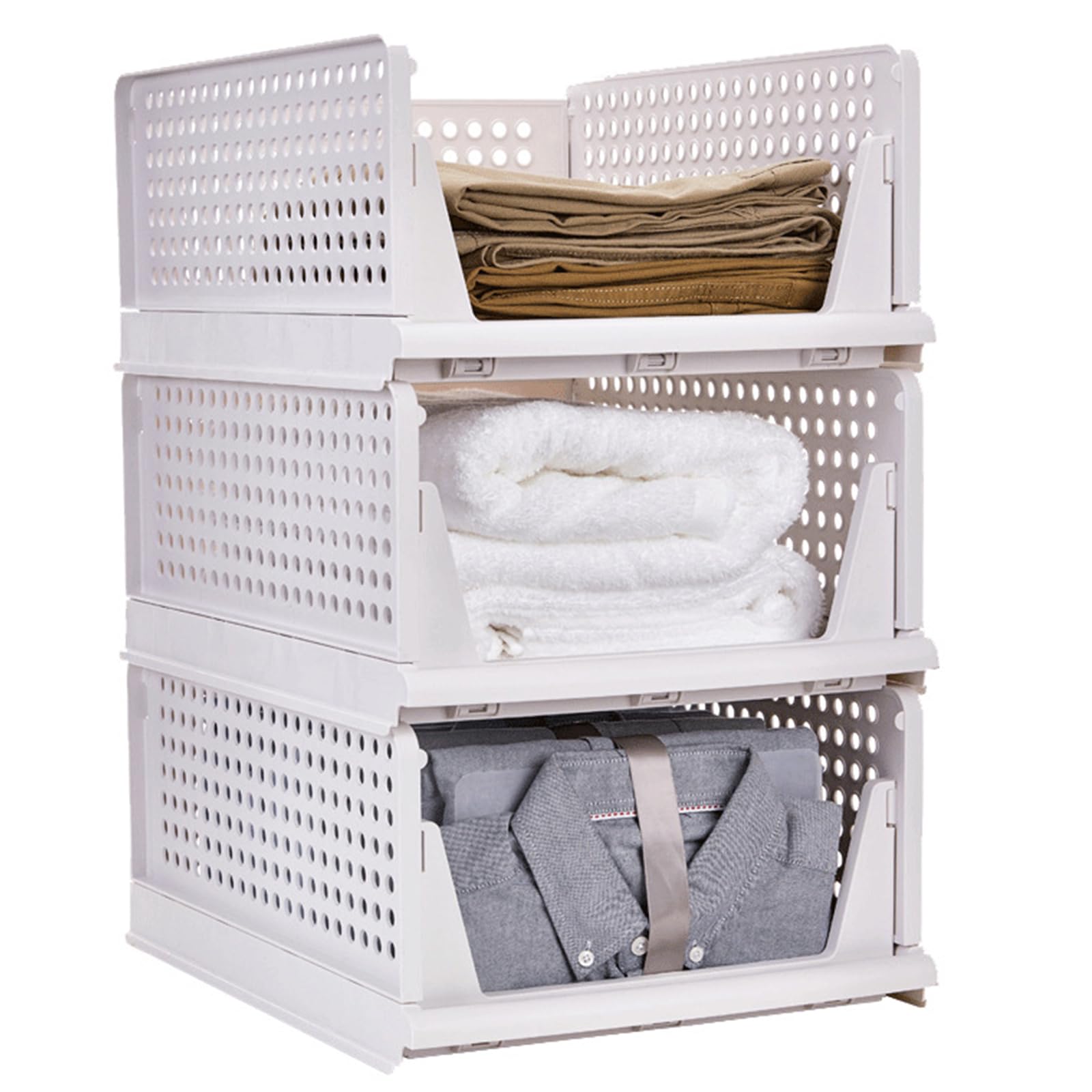 Okellen 3 Pack Stackable Storage Bins, Foldable & Sliding for Cabinet & Laundry Room, White, Wardrobe Organizer