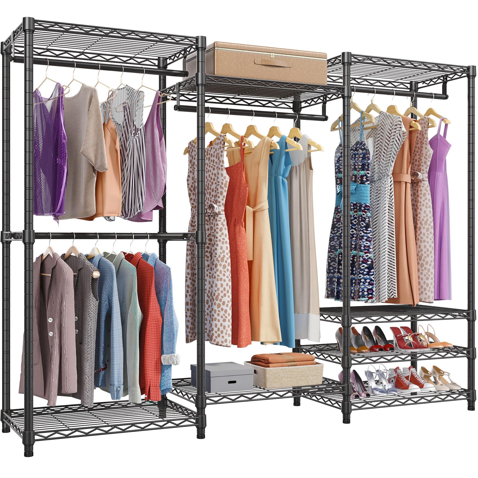 VIPEK V5 Portable Closet Wardrobe Heavy Duty Clothes Rack, Freestanding Clothing Rack with 4 Hang Rods & 8 Shelves, Adjustable Closet Racks, 68.9" L x 15.7" W x 76.4" H, Max Load 890LBS, Black Carbonfree Certified