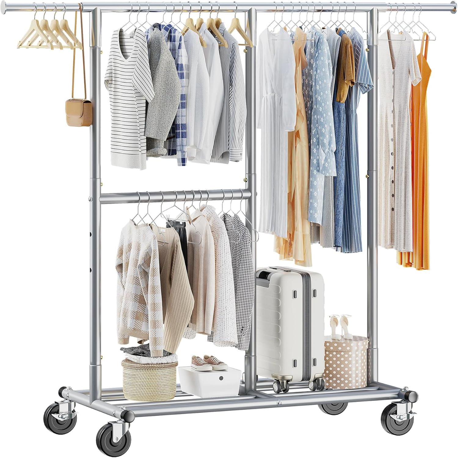 Raybee Heavy Duty Clothes Rack for Hanging Clothes, Commercial Garment Rack with Wheels, Silver