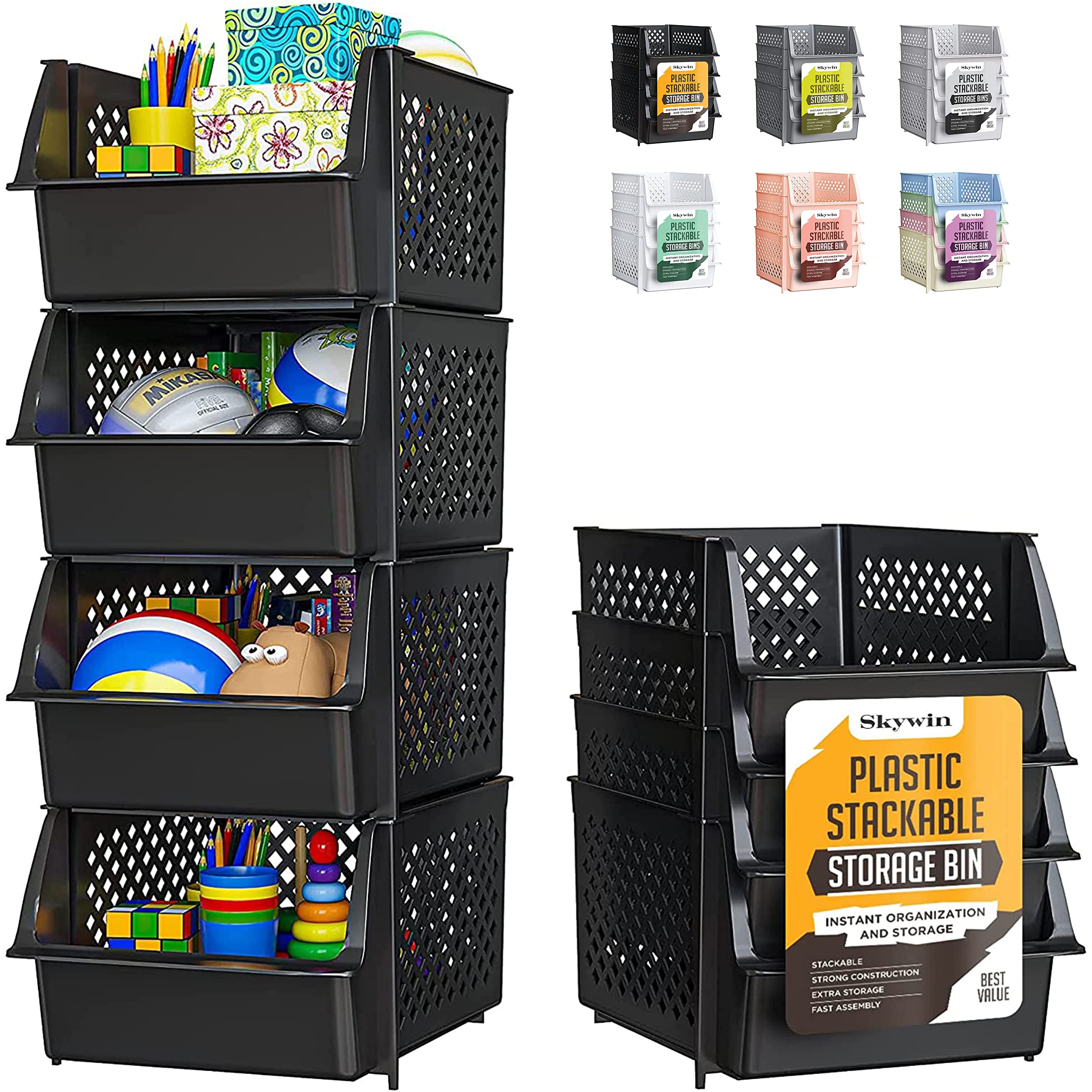 TidyFriend Black Stackable Storage Bins For Organizing Food, Kitchen & Bathroom, 4 Pack